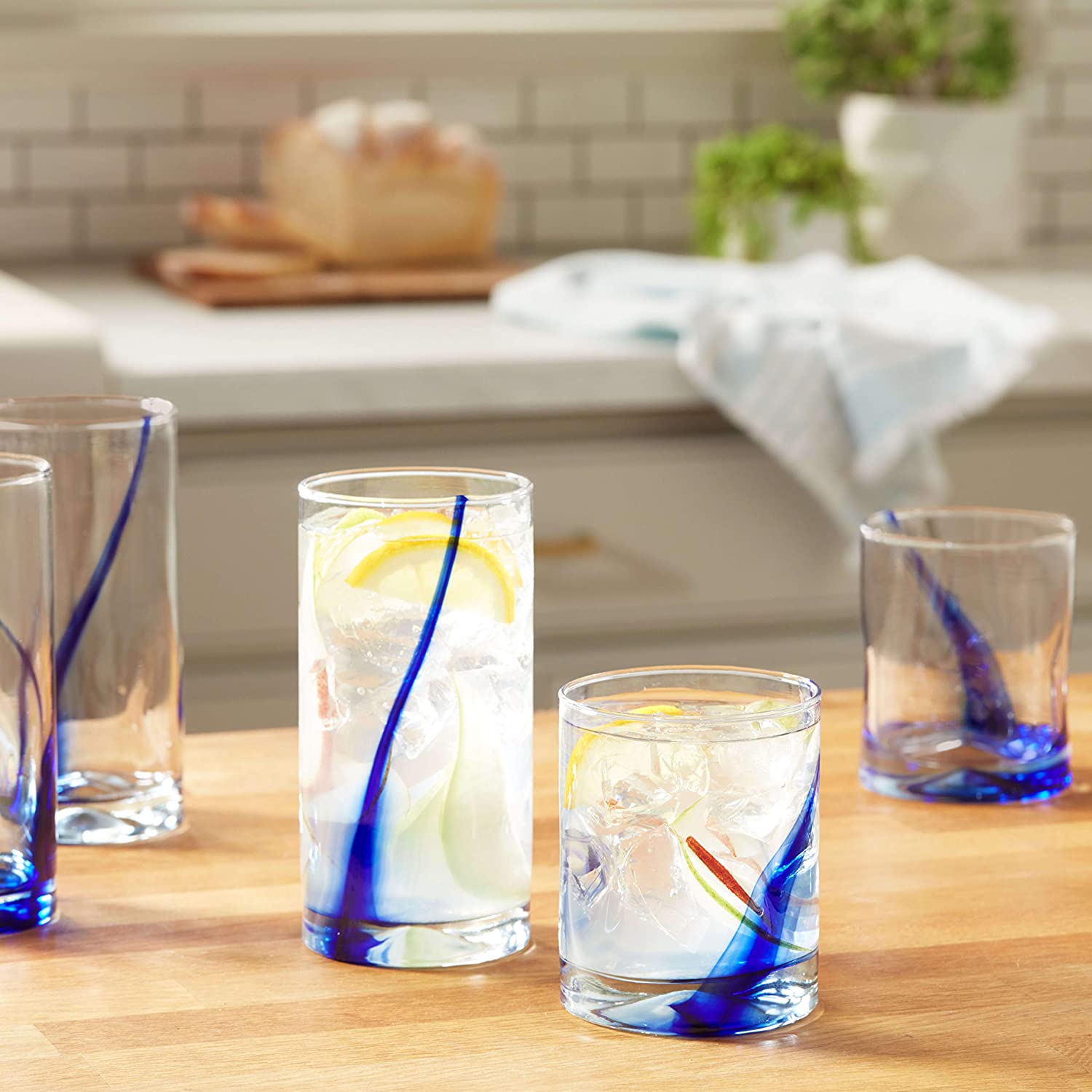 Libbey Juego de 16 Vasos de Vidrio Listón Azul Impression de 495 ml y 369  ml